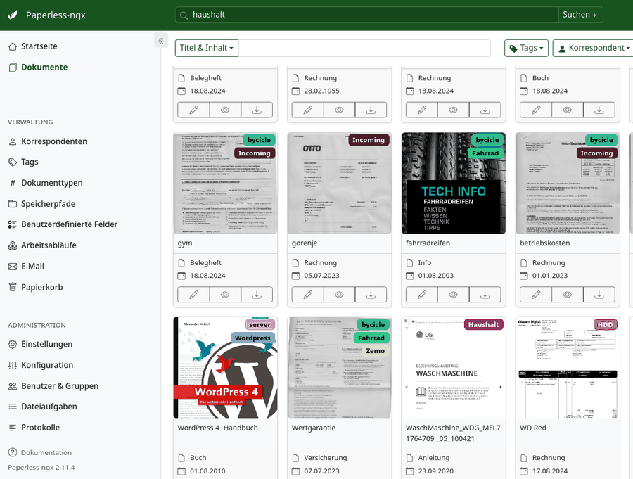 Weboberfläche von Paperless-ngx mit der Dokumentenübersicht
