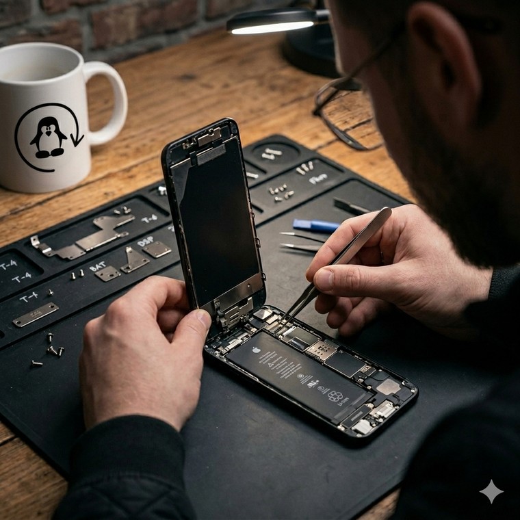 An opened iPhone during a repair